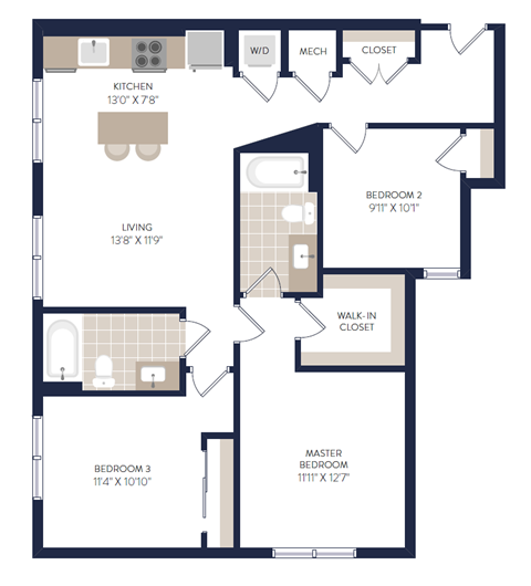 Floor plan for 3 beds, 2 baths, 1046 sqft